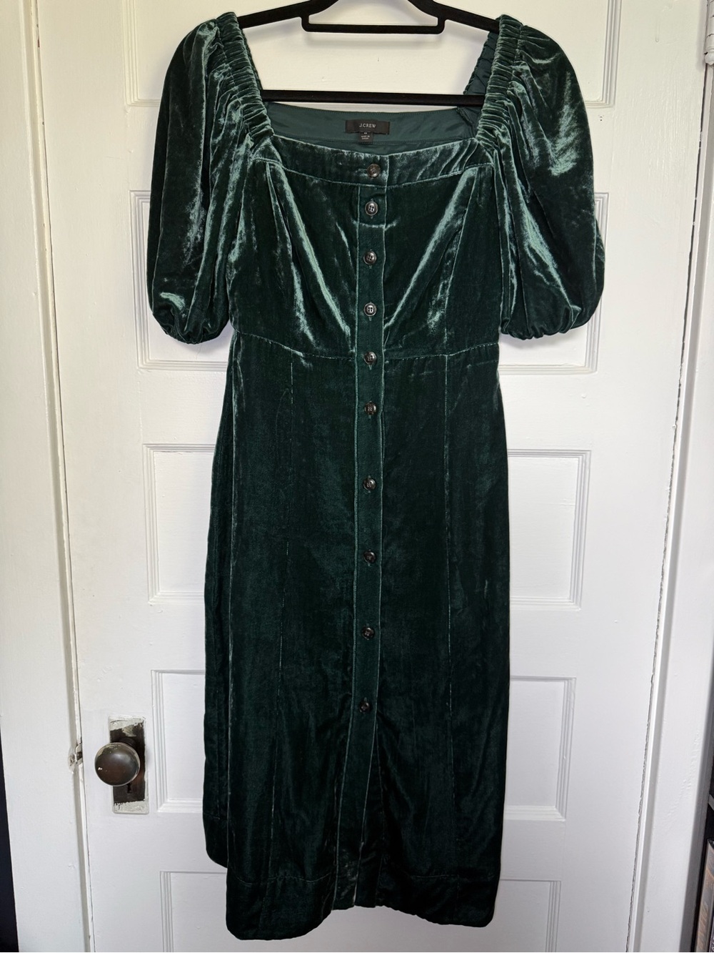 J.Crew Emerald Velvet Puff Sleeve Square-Neck Button Front Midi Dress Whimsigoth - Picture 2 of 14